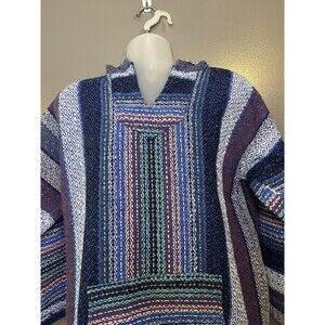 Señor Lopez Hoodie Mens Large Blue Striped Baja Knit Pullover Kangaroo Pocket